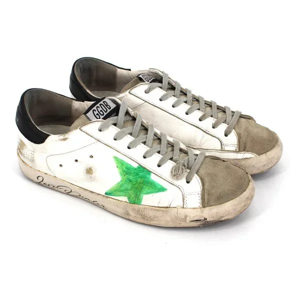 Golden Goose White Low Top Leather Sneakers Green Star Love Dealer Shoes size 39 - Picture 1 of 6